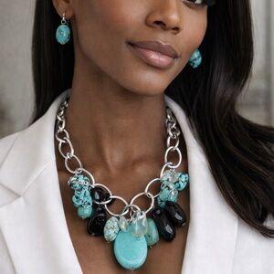 Turquoise and Black Solid Stones Statement Necklace and Earring Set
